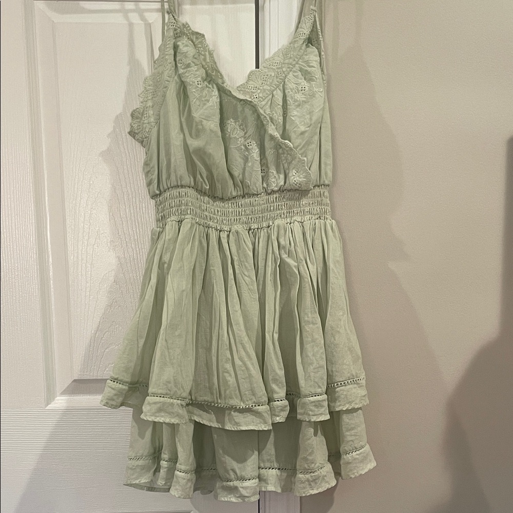 Forever 21 Sage Green Lace-Trim Tiered Mini Dress